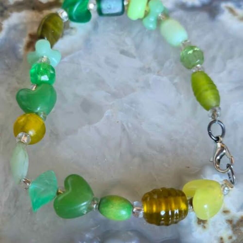 Boho Green & Aqua Mixed Bead Bracelet | New & Repurposed Beads | One of a Kin